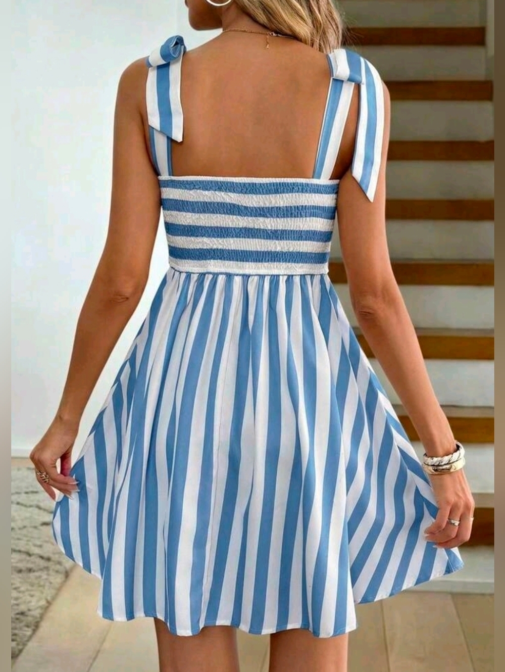 New Flirty Striped Tie Shoulder Short Cami Dress White Blue - Picture 4 of 9